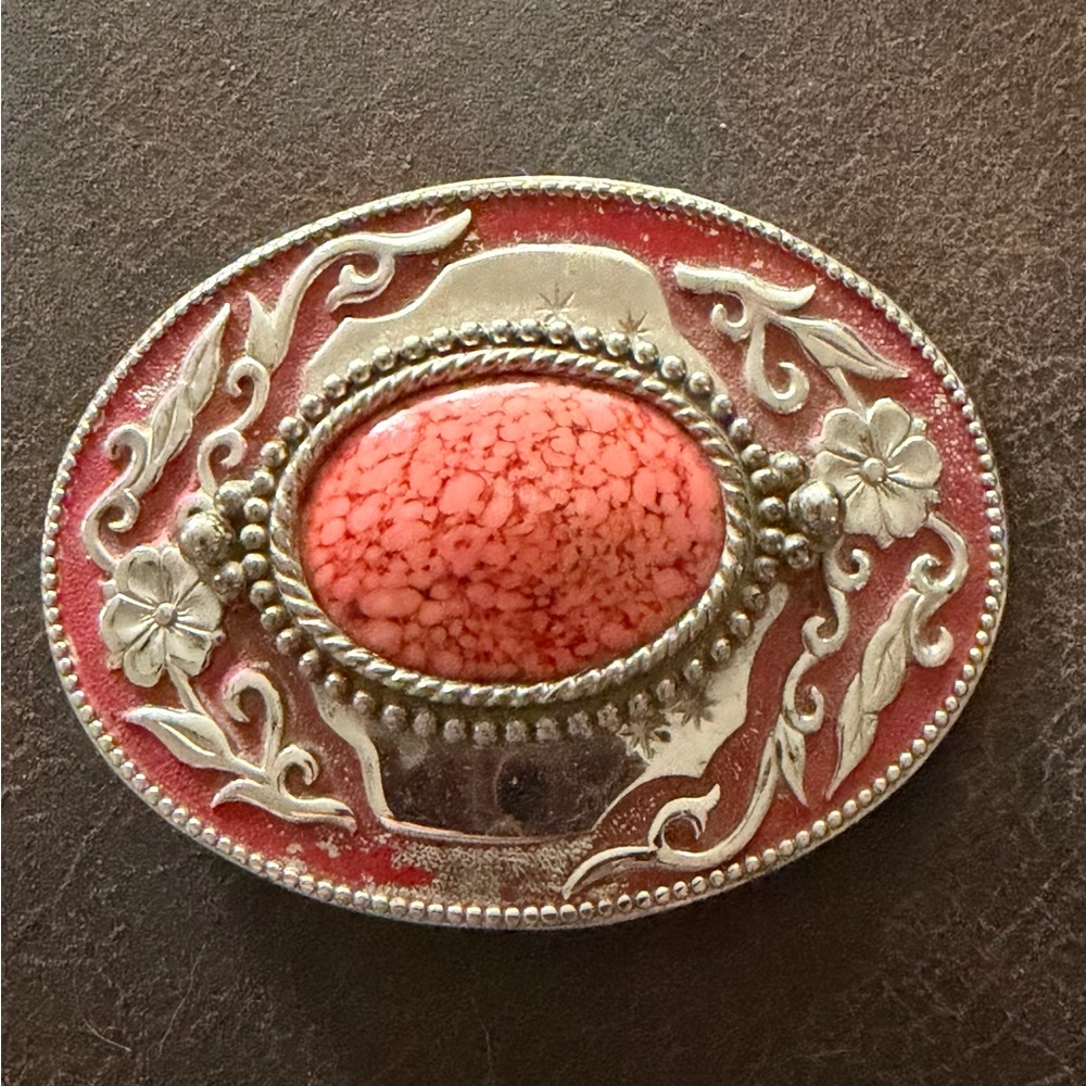 Vintage-Style Silver and Coral Belt Buckle